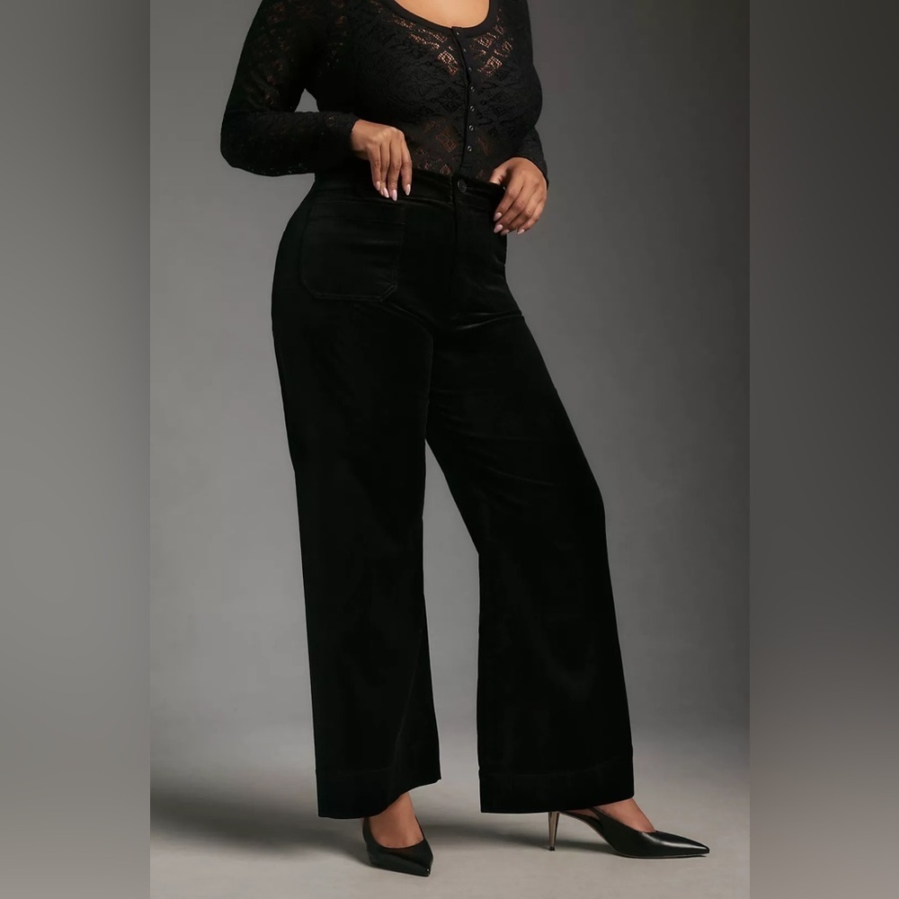 NWT! Anthropologie Black Onyx Colette Velvet Crop Wide-Leg Pants by Maeve - 33☁️